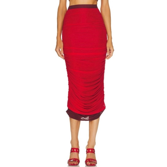 NEW SIMON MILLER REVOLVE RED RUCHED MIDI SKIRT - Picture 1 of 10